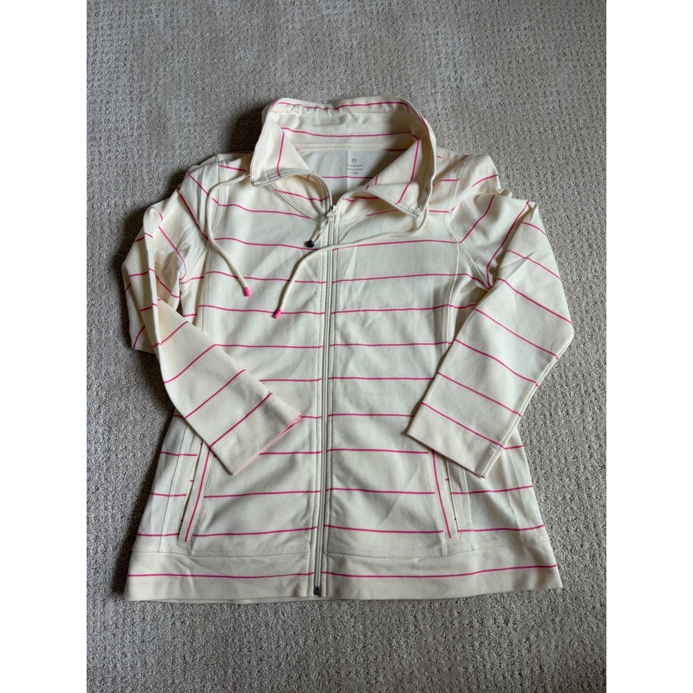Talbots‎ Zip Jacket LP Cream Pink Striped Cotton Preppy Sporty Coastal